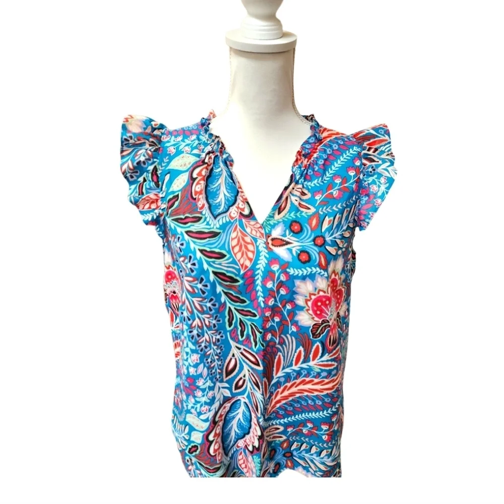 Talbots Botanical Paisley Ruffle Trim Shell Teal Turquoise Pink Floral, Medium - Picture 5 of 13